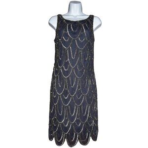 Prelude Beaded Gatsby Cocktail Party Dress Sz 6 Navy Blue Sparkly Party